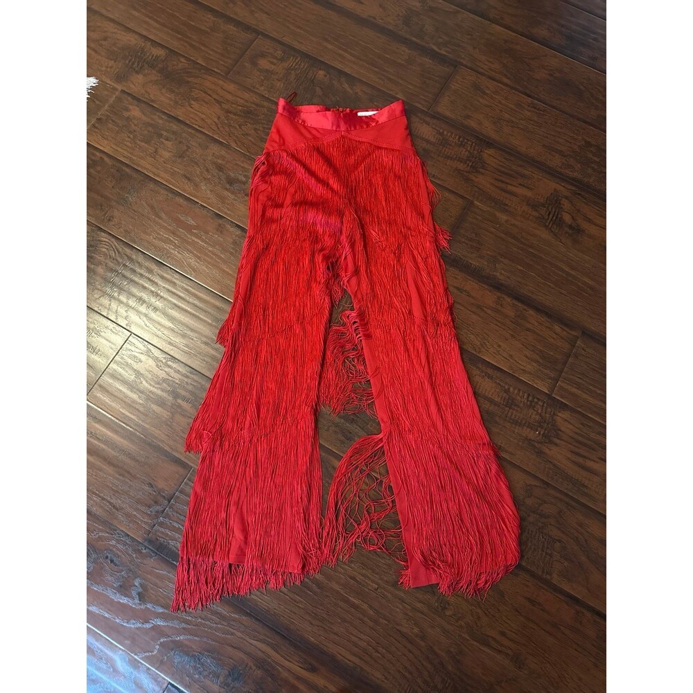 MESHKI Red Fringe Wide Leg Pants Statement Festival Party Y2K Boho Size Small